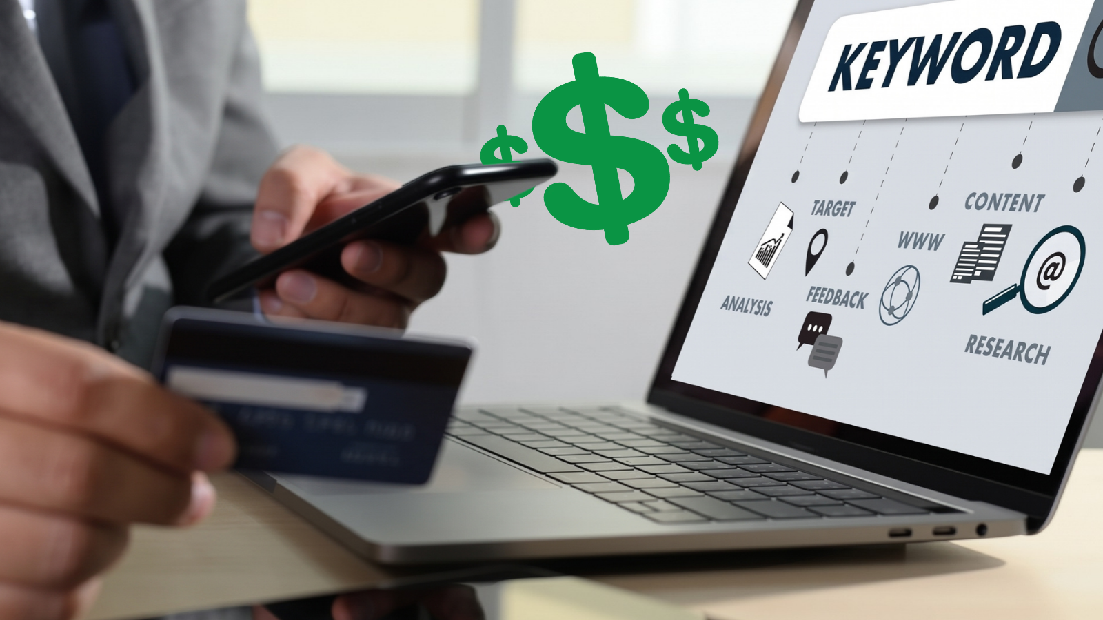 A person in a business suit holding a credit card and a smartphone while working at a desk in front of an open laptop displaying marketing and keyword research graphics.