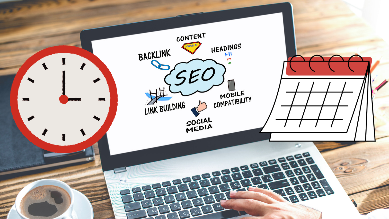 Laptop displaying an SEO strategy diagram, overlaid with clock and calendar graphics to represent timelines.